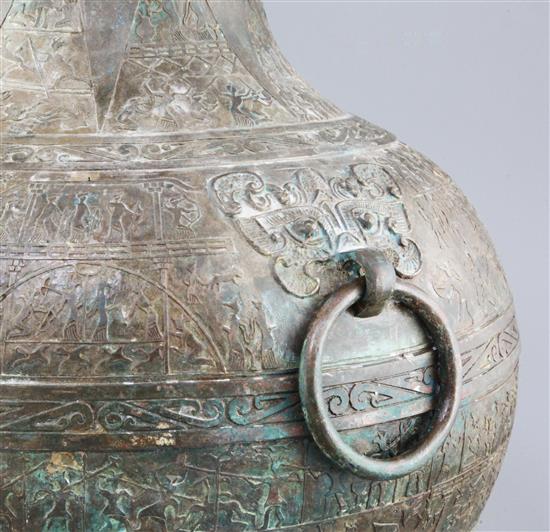 A rare and large Chinese archaic bronze ritual drinking vessel, Hu, Warring States period 5th-3rd century B.C., approx. 50cm high, repa